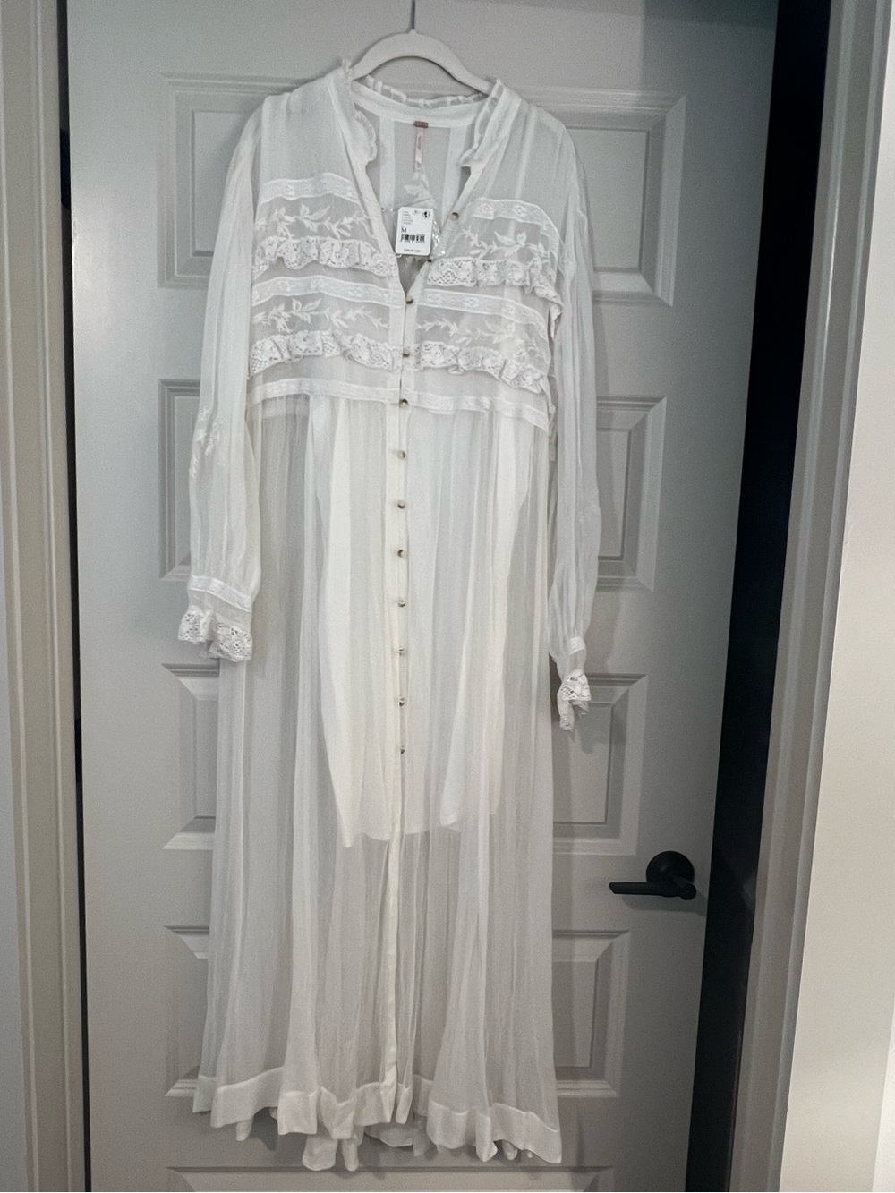 Free People Ivory Sheer Lace-Trim Long Button Dress with slip